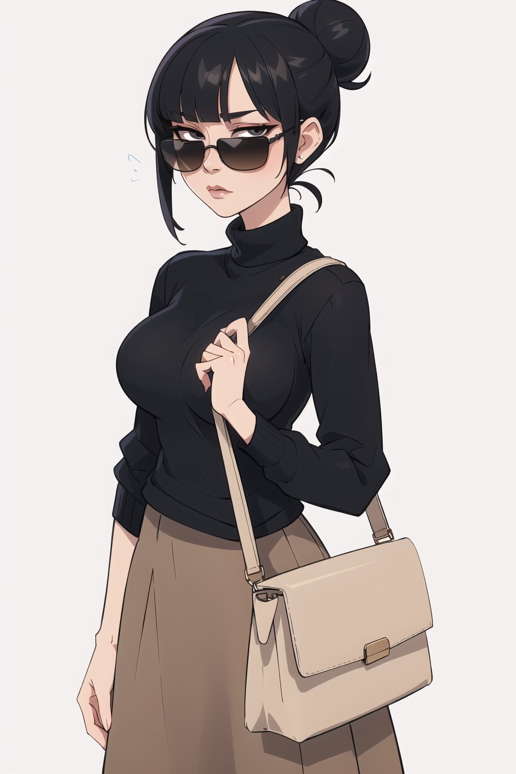 ((Best quality,  masterpiec)),  mature female,  solo,  1female,  black hair,  bun, long bangs,  sunglasses, eexpressionles,  black sweater, very long beige skirt, bag,  medium breasts,  looking at viewer,  milfication, simple_background