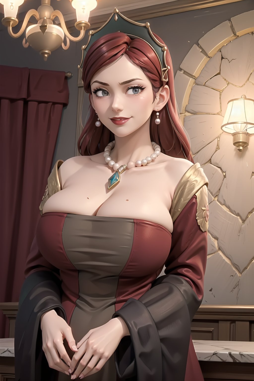 masterpiece, best quality,  hildagreyrat, grey eyes, headdress, earrings, pearl necklace, pendant, large breasts, red dress, cleavage, long dress, wide sleeves, upper body, looking at viewer, smile, mansion, chandelier, arms down