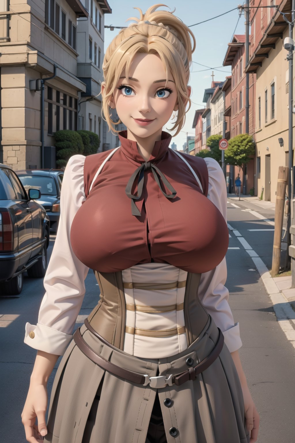 best quality, masterpiece, 1girl, (solo:1.1), raytracing, ultra detailed,detailed face, 8k wallpaper, (wide hips:1.1), , ZenithGreyratNDV, 1girl, blonde hair, blue eyes, (big breasts:1.4), medium hair, ponytail, bangs, ribbon, collared shirt, , mature female, outdoor, village, red shirt, brown skirt, corset, smile