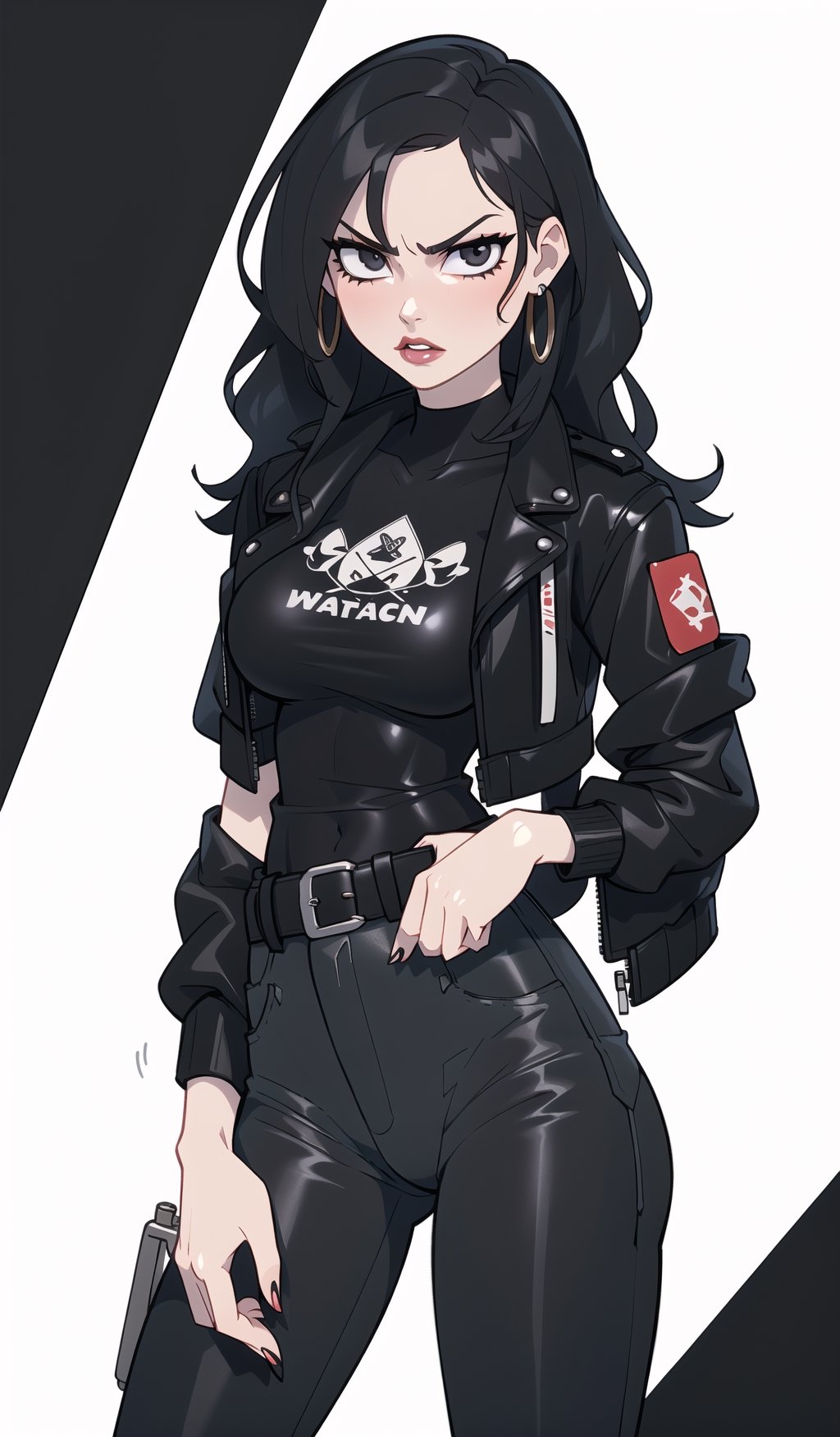 ((Best quality, masterpiec)), solo, 1girl , (black wavy hair, long hair, pale skin, serious,  black leather jacket, black T-shirt, belt, black pants), medium breasts, wide hip, wide waists,  (mature female:1.3), Balsamique,SAM YANG, beautiful,Cartoon,