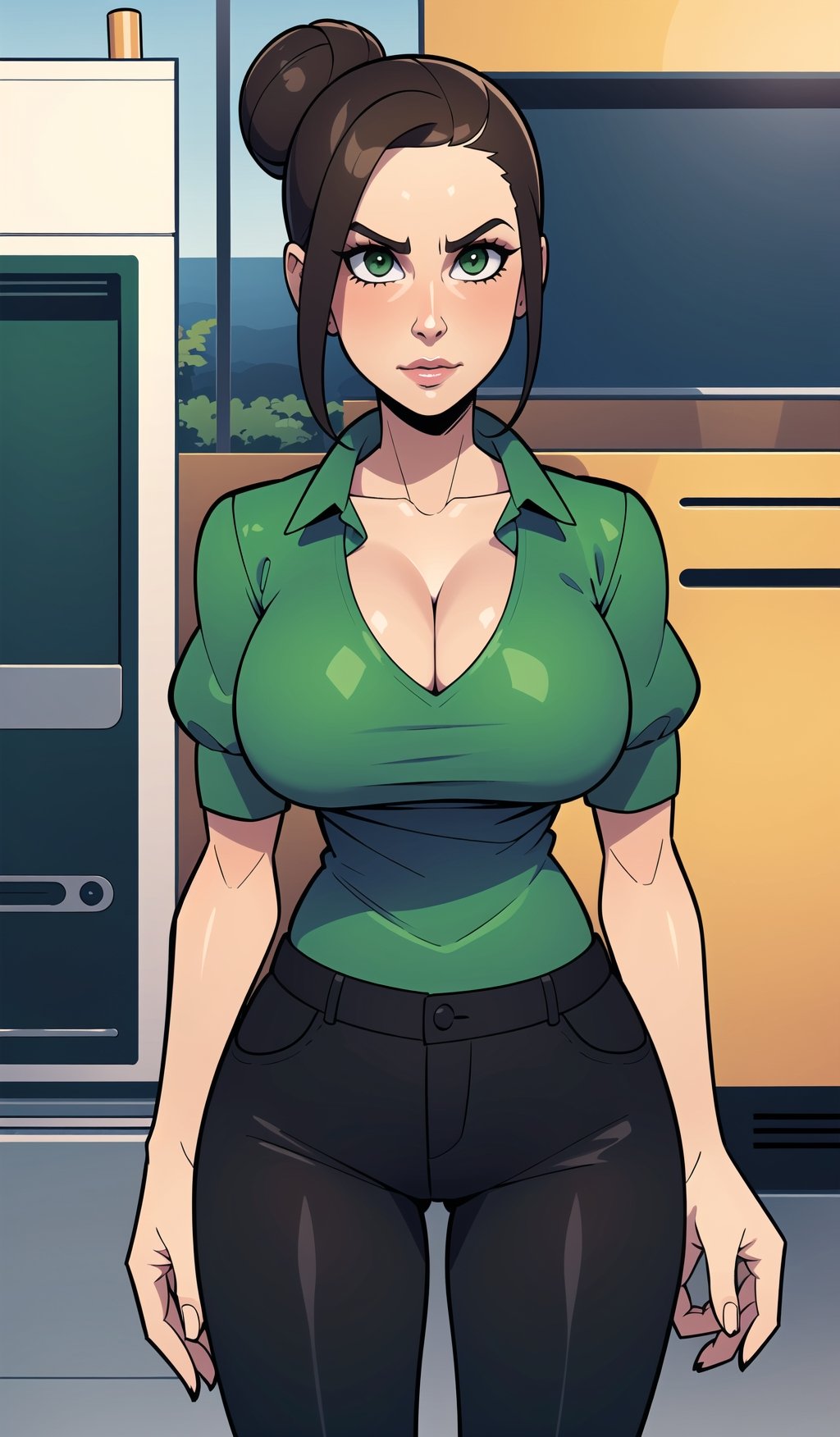 ((Best quality, masterpiec)), solo, 1girl , brunette, bun hair,  serious, brown skin, green eyes, (fringe, shirt, short_sleeves, black pants, cleavage), medium breasts, standing,  (mature female:1.6), Balsamique,SAM YANG, beautiful,Cartoon,uzakitsuki