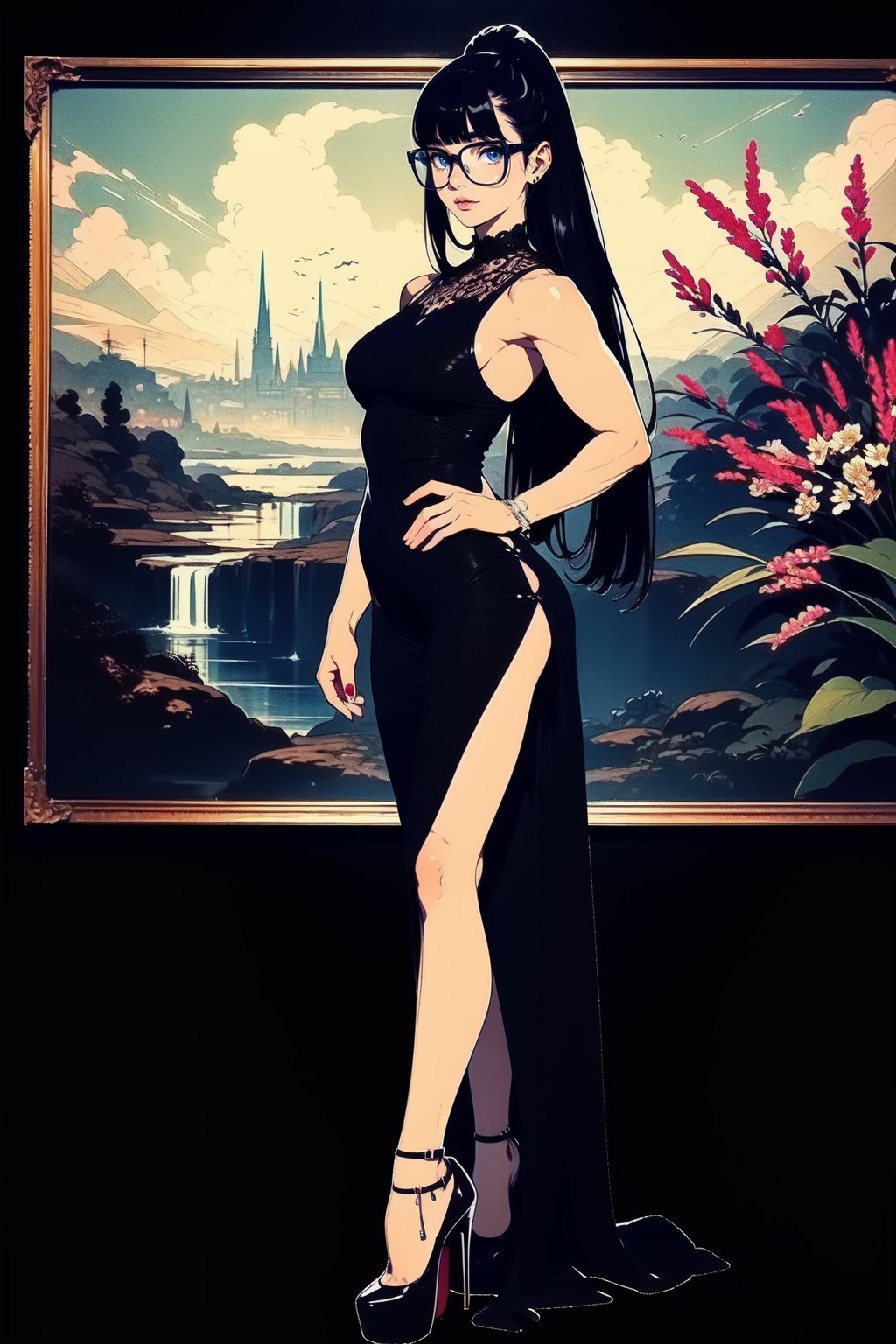 Beautiful 18 year old woman, (cosmic eyes), (strong physique), small breasts, pnik hair, long hair, (black glasses), vivid color bangs, hair between eyes, facing front, hand on hip, seductive face, sexy look, long dress, vase of flowers, dutch masters, landscape painting in background, rembrant lighting, (extremely detailed CG unity 8k wallpaper), (((masterpiece))), (((best quality))), ((ultra-detailed)), (best illustration), (best shadow), ((an extremely delicate and beautiful)), ((full-body_portrait)),high heels