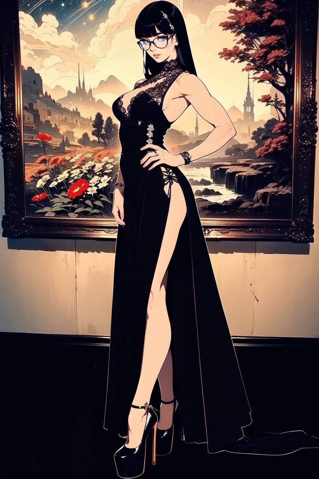 Beautiful 18 year old woman, (cosmic eyes), (strong physique), small breasts, pnik hair, long hair, (black glasses), vivid color bangs, hair between eyes, facing front, hand on hip, seductive face, sexy look, long dress, vase of flowers, dutch masters, landscape painting in background, rembrant lighting, (extremely detailed CG unity 8k wallpaper), (((masterpiece))), (((best quality))), ((ultra-detailed)), (best illustration), (best shadow), ((an extremely delicate and beautiful)), ((full-body_portrait)),high heels