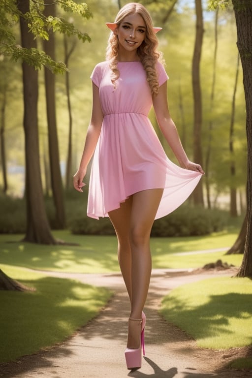 "A beautiful, silky-skinned elf, hot, smiling girl wearing pink sheer dress (full body), with long curly blonde hair, pointed ears, and delicate features, standing in a mushroom forest with the wind blowing her hair, smiling, captured in ultra-detailed, hyper-realistic and photorealistic 8K resolution photography with perfect lighting, soft shadows and sharp depth of field.",high heels,platform footwear,platform heels