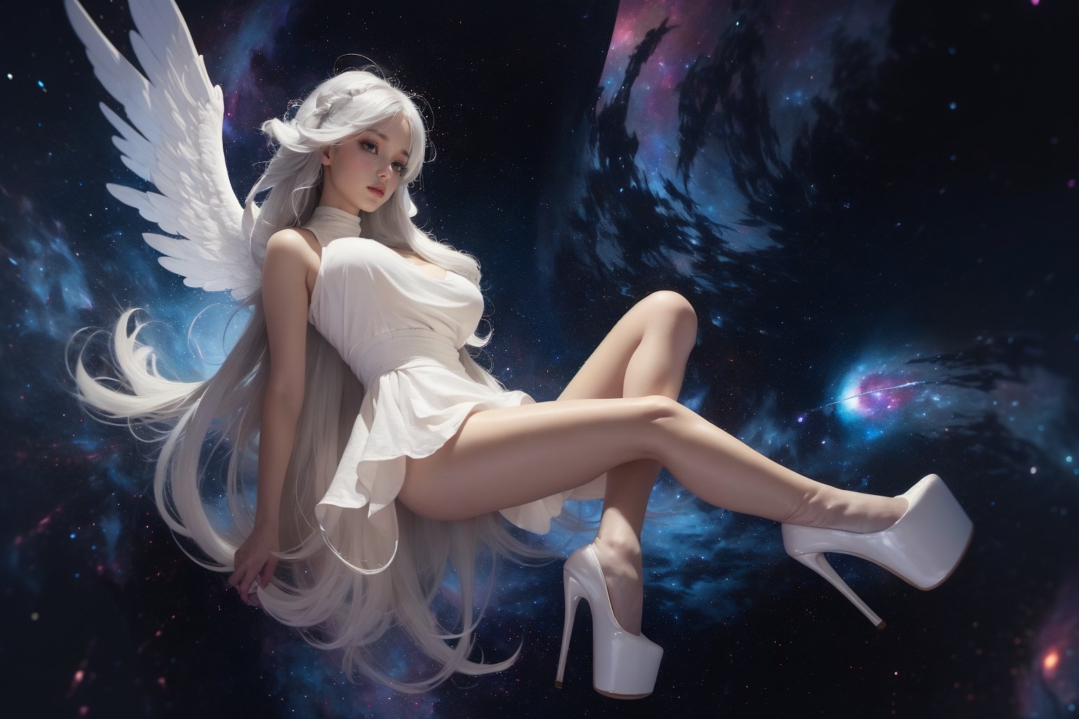 A full body photo of a beautiful and angelic 21 year old goddess with huge breasts with lots of beautiful detailed (galaxies) and (nebulas), dynamic pose, tender, wearing 
(embedding:fakelips7-2500:1.05) platform high heels, 