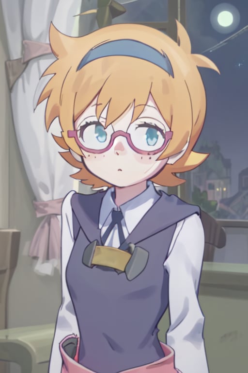 1girl, Lotte Jansson, short hair, orange yellow hair, glasses, blue eyes, few freckles, luna nova school uniform, two freckles on each cheek