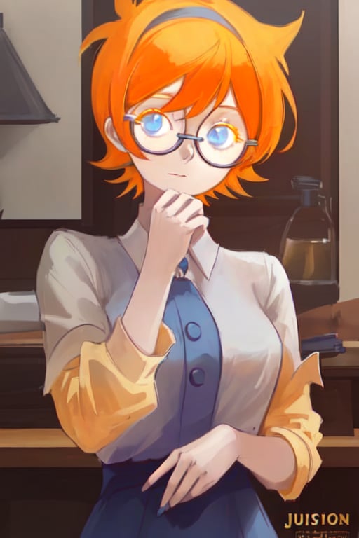 1girl, Lotte Jansson, orange yellow hair, Short hair, Glasses, Blue eyes,