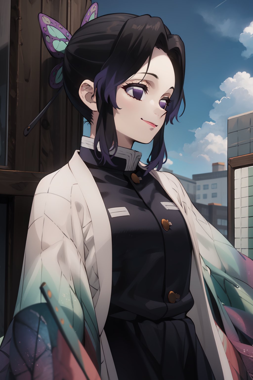 masterpiece, best quality, ultra-detailed, shinobuDB, demon_slayer_uniform, violet eyes, short black hair with violet tips, black uniform, white haori, open uniform, bare breasts, small breasts, pink nipples, solo, smile, japanese_clothes, closed_mouth, lips, cloud, sky, blue_sky, day, sidelocks, volumetric lighting, best quality, masterpiece, intricate details, tonemapping, sharp focus, hyperdetailed, trending on Artstation