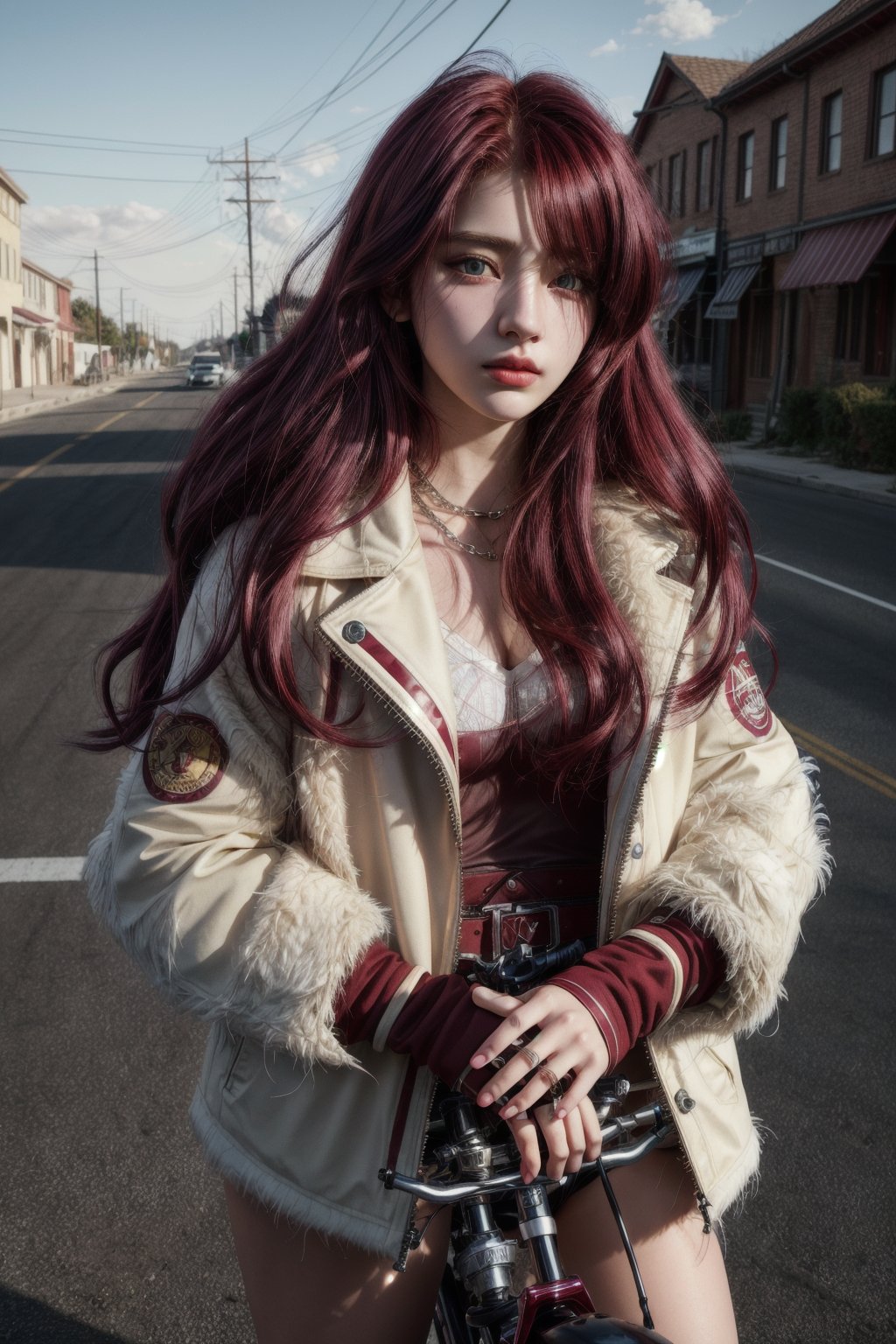 High quality, 1girl, masterpiece, masterpiece, exquisite facial features, exquisite hair, exquisite eyes, red maroon colored hair, 4K quality, gorgeous light and shadow, Tyndall effect, halo, messy hair, young state, gorgeous scenes, jacket bike clothes, chains, feathers, ride motorbike,Detailedface