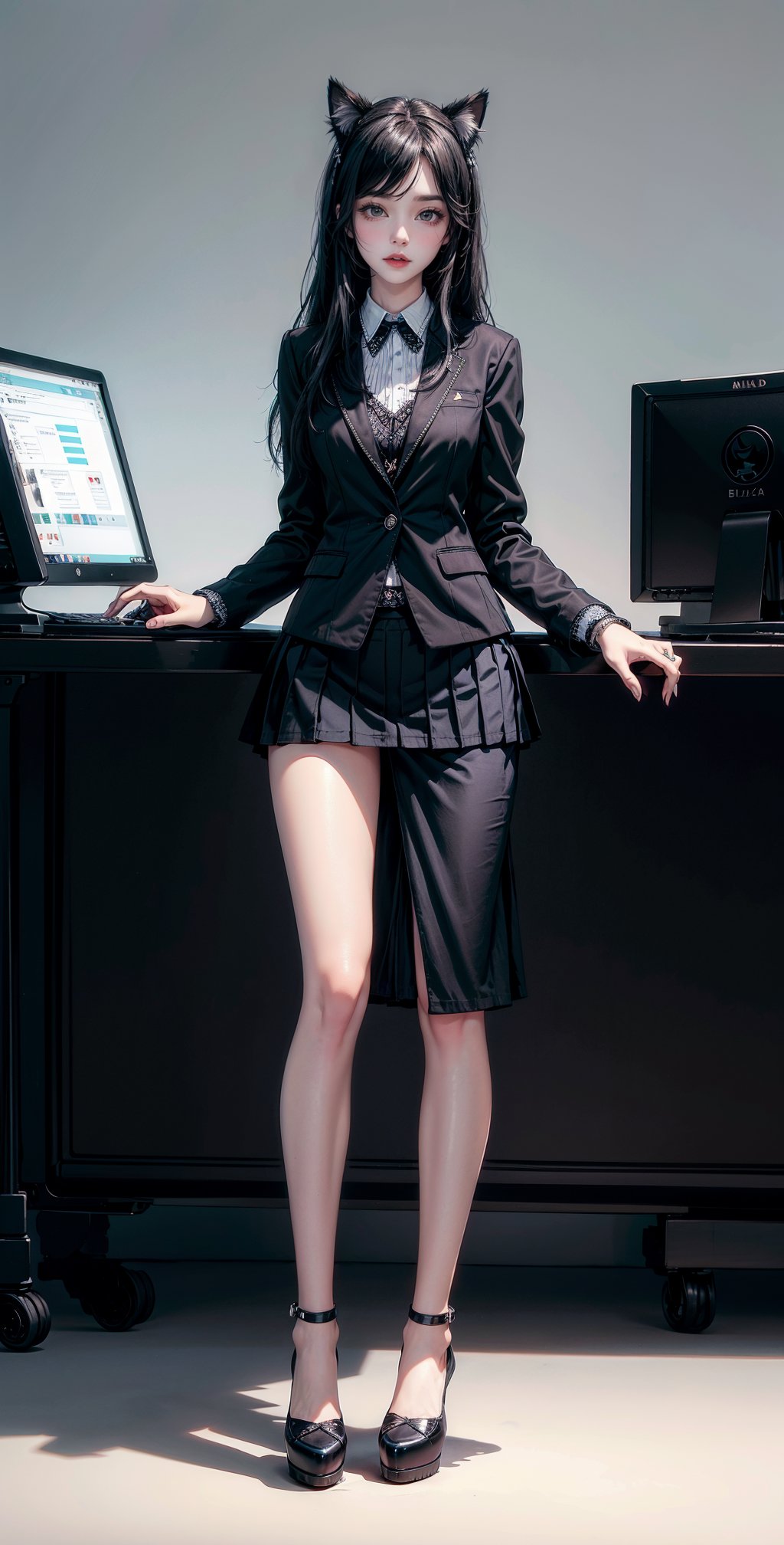 young girl caucasian, black hair, light blue eyes, playful, funny,nice,  (masterpiece), small breast, standing, (((black blazer and black underwear and black casual side, a midi skirt))), computer office in background,Beldel, full body, realistic, big lashes, cat ears,Detailedface,high heels