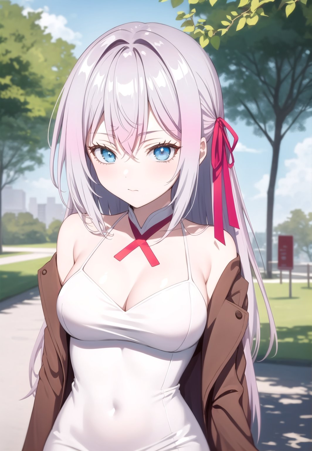 high quality,4k quality, high resolution, alisa, light pink hair, alisaerk, with a tight dress, in a park, red ribbon on the left side of the head, neckline, whole body, grey hair, blue eyes, 