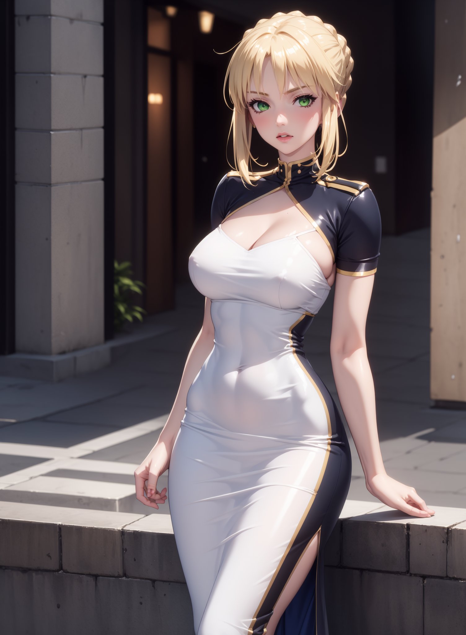 tight dress, in the city, 1girl, Artoria Pendragon, green eyes, blond hair,