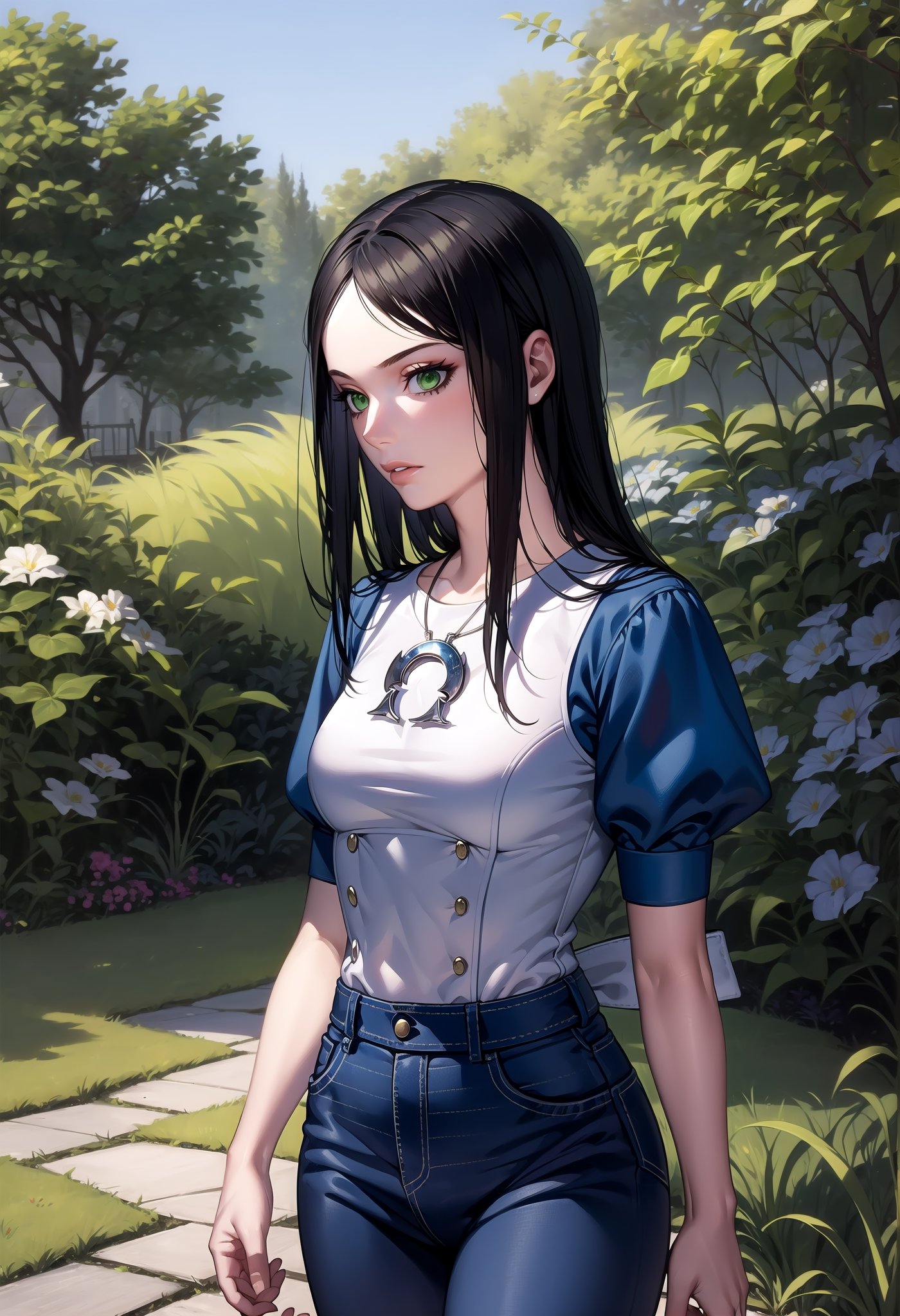 mcgeealice, jeans, in a garden, realistic, blue and white blouse, black hair, green eyes,