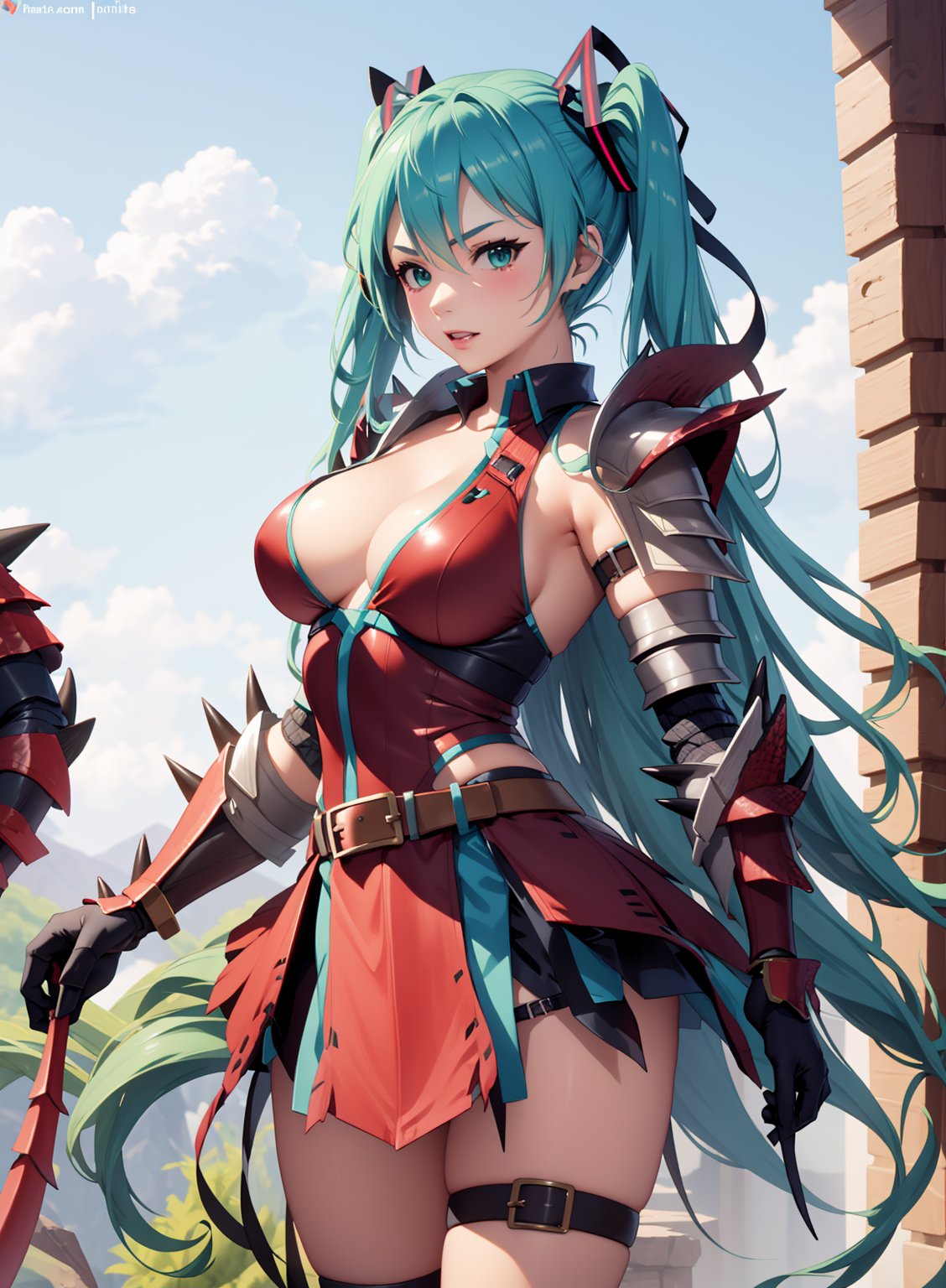 HatsuneMiku, (warrior armor) ,monster hunter (character), spikes,