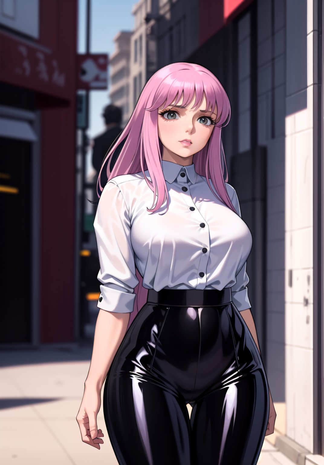 (appearance of an older woman), ((body of an older woman)), 
arms hidden behind the back, Saori, tight latex pants, pink latex blouse, in the city,