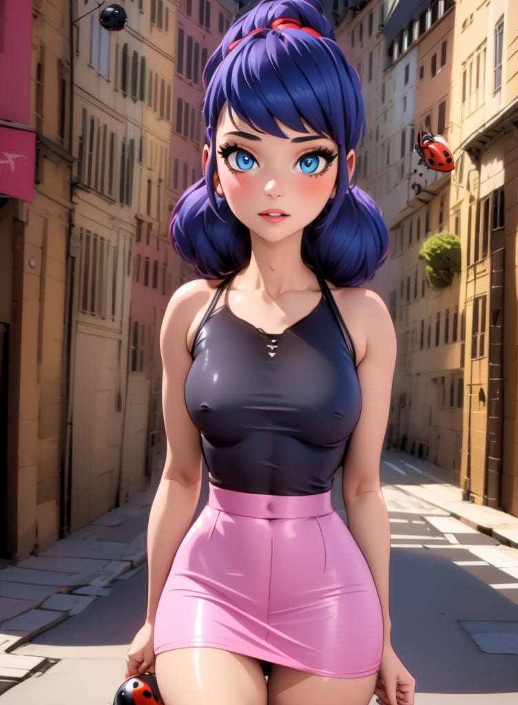 pink mini skirt, black mini blouse,1girl, ladybug, blue eyes, blue hair, 
appearance and body of an older woman,