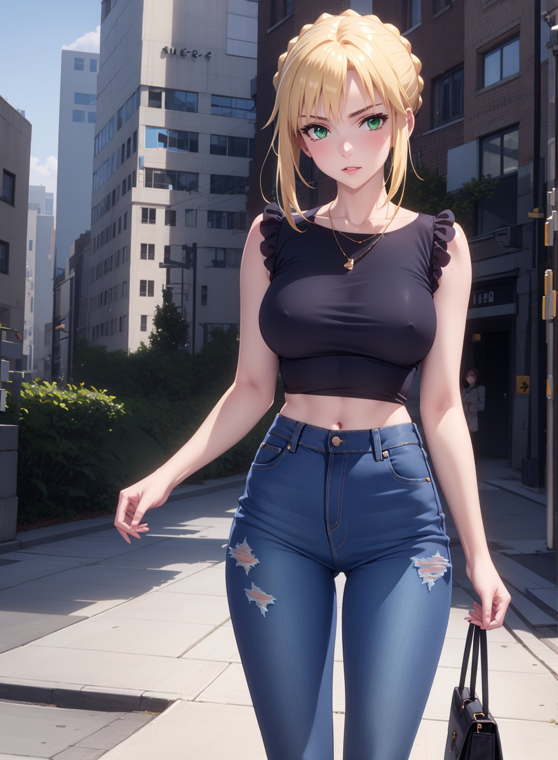 denim pants, blouse, in the city, 1girl,Artoria Pendragon,green eyes, blond hair,