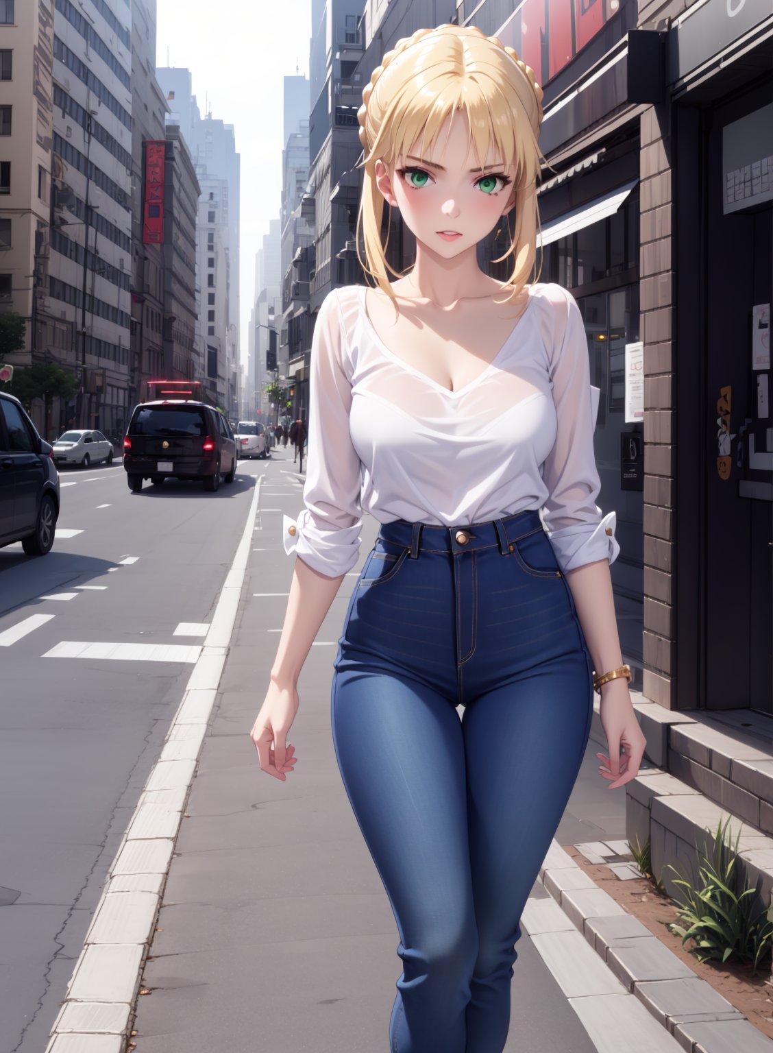 denim pants, blouse, in the city, 1girl,Artoria Pendragon,green eyes, blond hair,