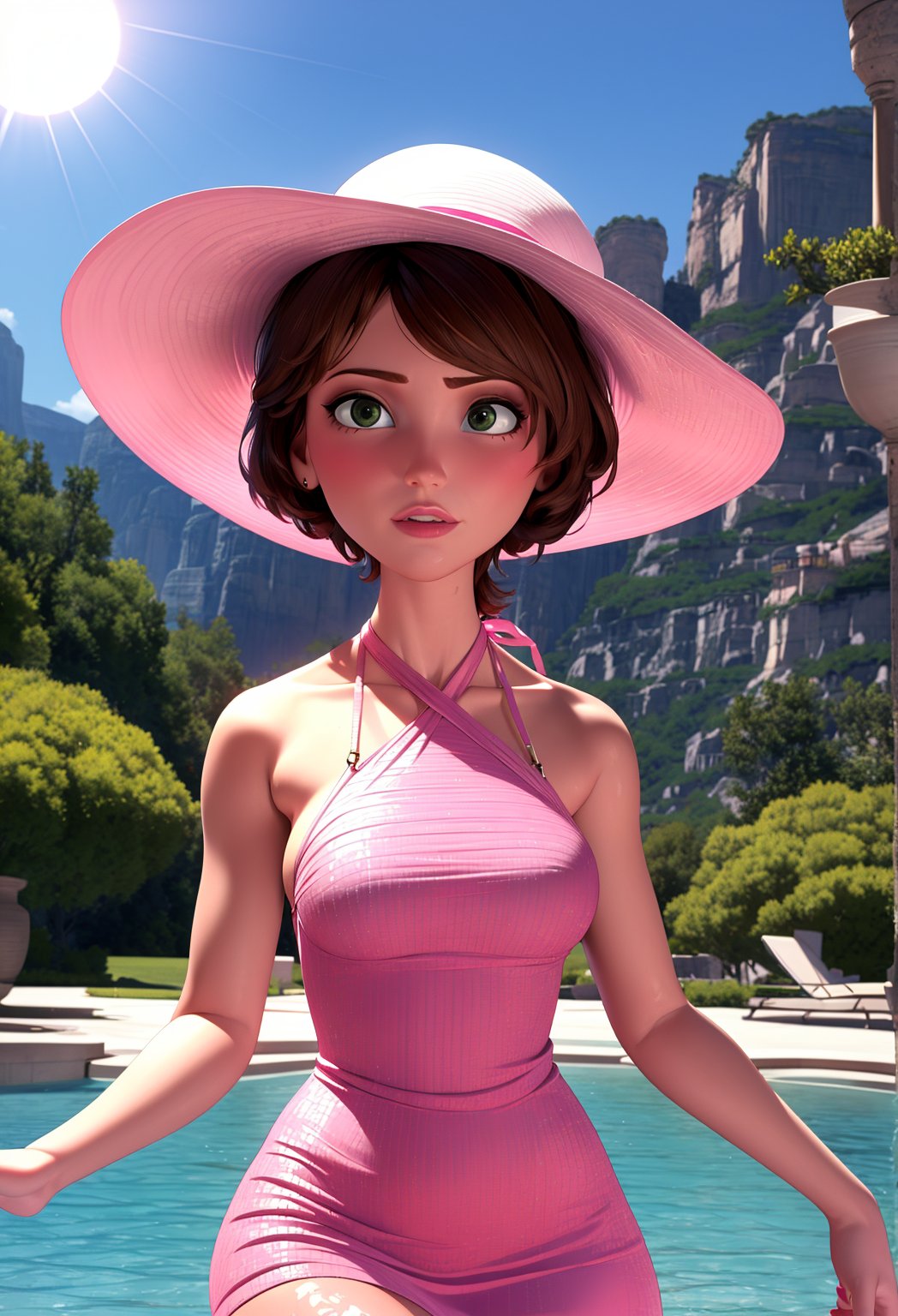  ((pink halter dress)), sun hats1:3, in agarde, ((1girl)), red hair, cass,