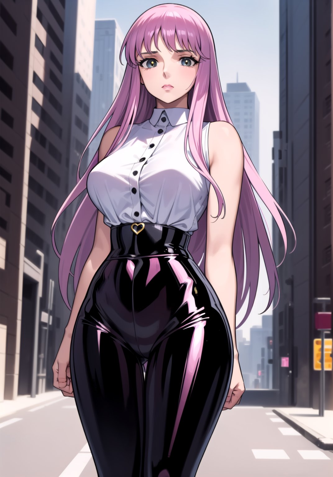 (appearance of an older woman), ((body of an older woman)), 
arms hidden behind the back, Saori, tight latex pants, pink latex blouse, in the city,