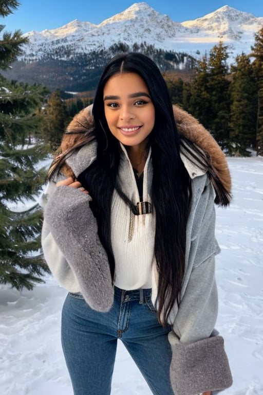 epiCRealism, masterpiece,  beautiful girl, 22 years old, latina with loose hair, snow_clothes