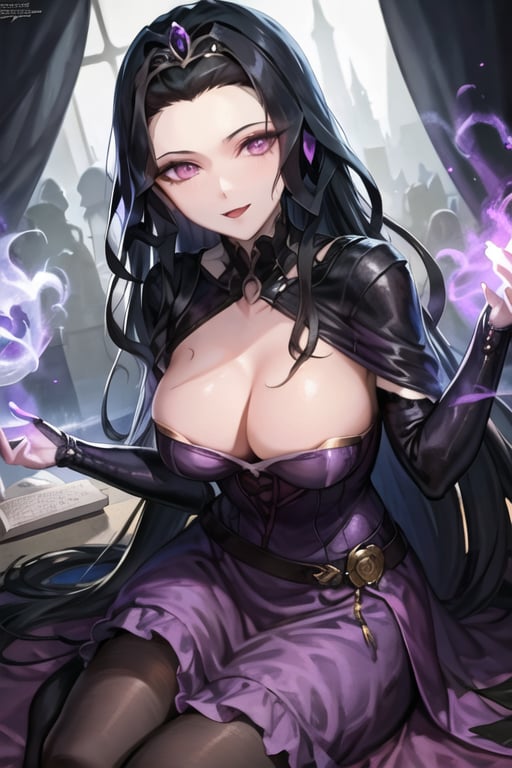 Liliana Vess, evil dominatrix, dark theme, full body, tiara, gold tiara, long hair, black hair,  
("32 years old":1.5), (masterpiece:1.3), (best quality:1.3), beautiful, absurdres, "ultra high res", "perfect eyes", "perfect face", "highly detailed", "high quality", "extremely detailed face", ("beautiful detailed eyes":1.2), ("shiny skin"), "dynamic lighting", "dramatic shadows", "cool lighting", ("soft lighting":0.9), "natural lighting", ("rim lighting":0.9), ("Global Illumination":0.4), "overhead light source", "perfect lighting", 1girl, ("large breasts":1.5),
,purple dress, 