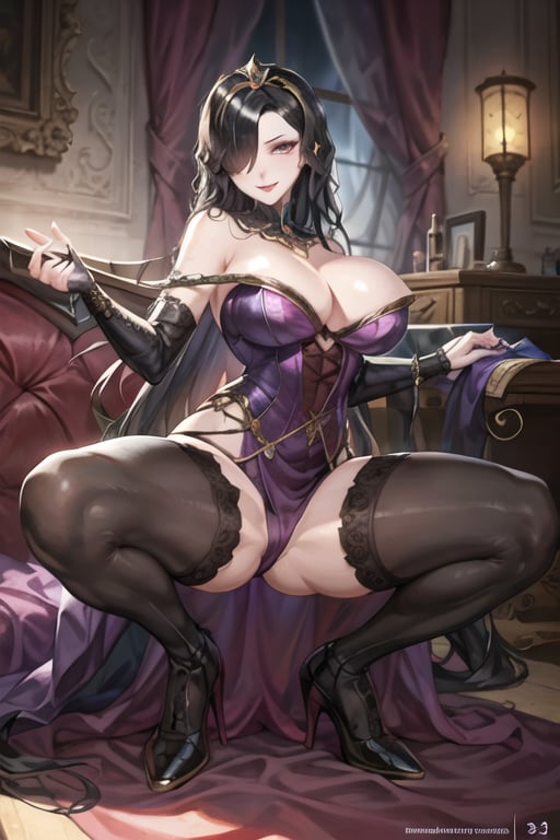 Liliana Vess, evil dominatrix, dark theme, full body, tiara, gold tiara, long hair, black hair,  
("32 years old":1.5), (masterpiece:1.3), (best quality:1.3), beautiful, absurdres, "ultra high res", "perfect eyes", "perfect face", "highly detailed", "high quality", "extremely detailed face", ("beautiful detailed eyes":1.2), ("shiny skin"), "dynamic lighting", "dramatic shadows", "cool lighting", ("soft lighting":0.9), "natural lighting", ("rim lighting":0.9), ("Global Illumination":0.4), "overhead light source", "perfect lighting", 1girl, ("large breasts":1.5),
,purple dress, (masterpiece:1.2), ((best quality), real picture, intricate details), cinematic lighting, fantastic realism, nar_terumi_mei, green eyes, ((hair over one eye)), long hair, (huge breasts:1.2), huge pelvis, wide hips, wide thighs,  fishnet_bodysuit,  squat, spread legs, armpit, looking at viewer, model posture, seductive smile, detailed background