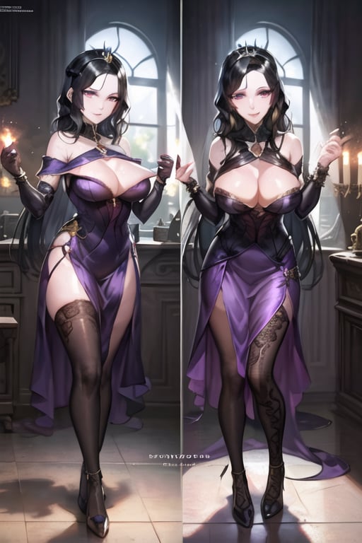 Liliana Vess, evil dominatrix, dark theme, full body, tiara, gold tiara, long hair, black hair,  
("32 years old":1.5), (masterpiece:1.3), (best quality:1.3), beautiful, absurdres, "ultra high res", "perfect eyes", "perfect face", "highly detailed", "high quality", "extremely detailed face", ("beautiful detailed eyes":1.2), ("shiny skin"), "dynamic lighting", "dramatic shadows", "cool lighting", ("soft lighting":0.9), "natural lighting", ("rim lighting":0.9), ("Global Illumination":0.4), "overhead light source", "perfect lighting", 1girl, ("large breasts":1.5),
,purple dress, 