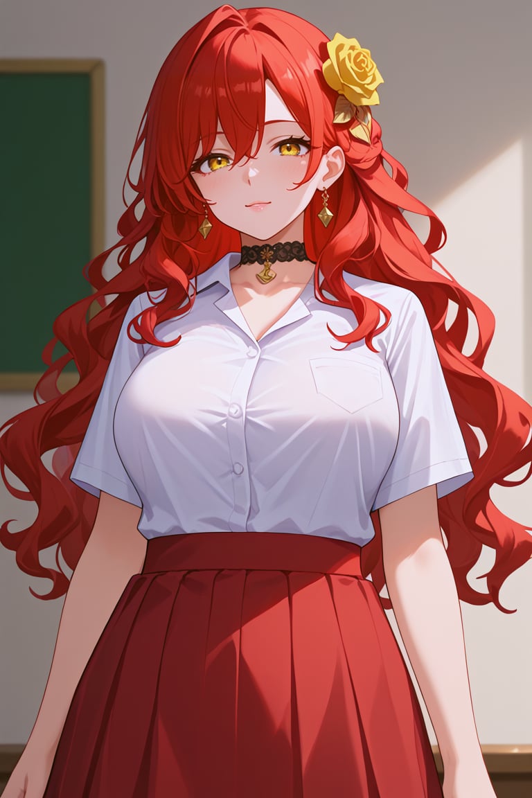 masterpiece, 1girl, high quality, deep_skin, extremely high quality, score_9, score_8_up, score_7_up, source_anime,HimekoBren, hair ornament,1girl, solo, long hair, red hair, yellow eyes, jewelry, earrings, hair ornament, mature female, yellow flower, blush, choker, rose, wavy hair, large thigs, looking_at_viewer, tall female, white shirt, red skirt, school_uniforms