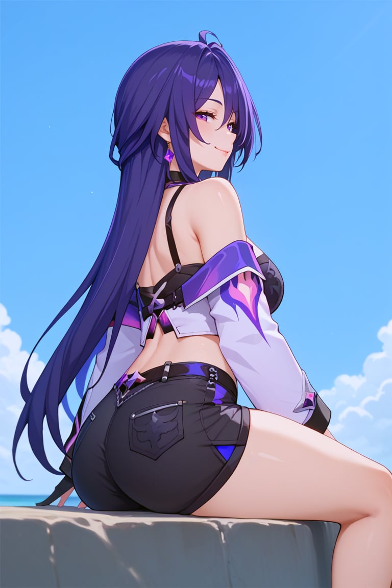 masterpiece, 1girl, high quality, deep_skin, extremely high quality, score_9, score_8_up, score_7_up, source_anime,acheron,AcheronBren,long hair,purple hair,mature female,purple eyes,bare shoulders, crop top, black crop top, white jacket, shorts shorts, black shorts, mature female, sitting, looking back, smile, smug