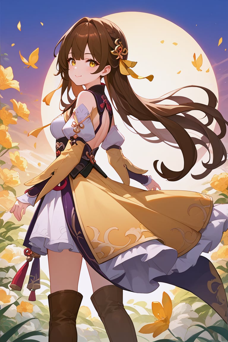 masterpiece, 1girl, high quality, deep_skin, extremely high quality, score_9, score_8_up, score_7_up, source_anime, standing, looking back, smug, beautiful background,sushang,SushangBren,long hair,brown hair,brown eyes,boots