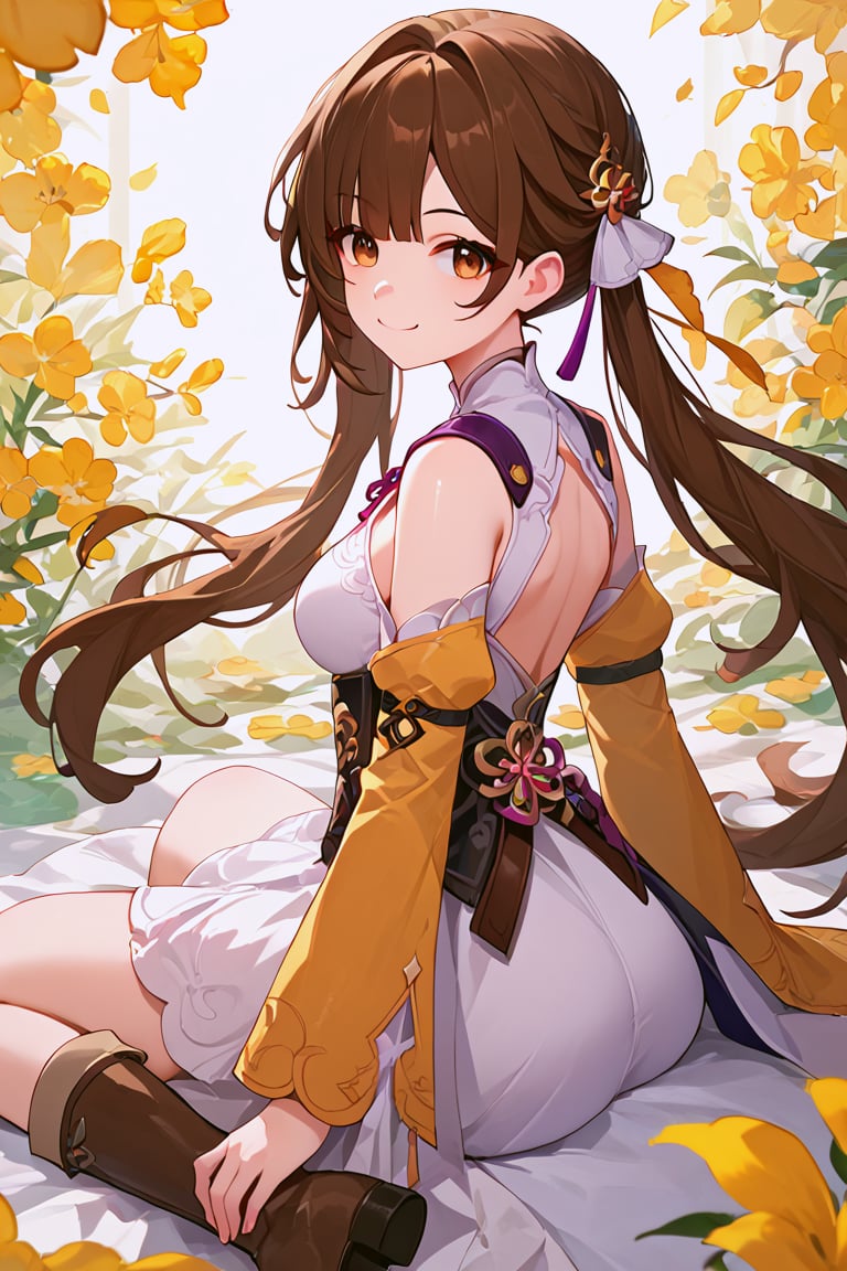 masterpiece, 1girl, high quality, deep_skin, extremely high quality, score_9, score_8_up, score_7_up, source_anime,, sitting, looking back, smug, beautiful background,sushang,SushangBren,long hair,brown hair,brown eyes,white dress,boots