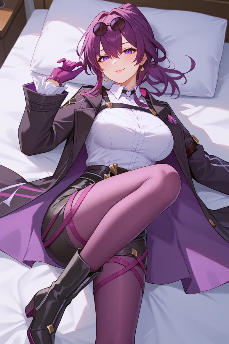 masterpiece,score_9,score_8,source_anime, KafkaBren, 1girl, shirt, white shirt, purple hair, gloves, purple eyes, long sleeves, eyewear on head, jacket, sunglasses, long hair, mature female, pantyhose, purple pantyhose, shorts, purple gloves, boots, black jacket, thigh strap, collared shirt, black footwear, black shorts, hair between eyes, ponytail, lips, jewelry, coat, jacket on shoulders, earrings, seduce, smug, both_eyes_closed, single boot, high knee boots, knee boots, laying