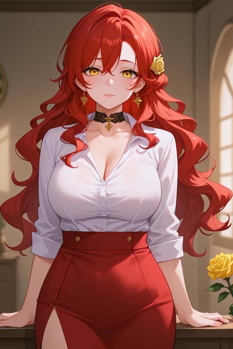 masterpiece, 1girl, high quality, deep_skin, extremely high quality, score_9, score_8_up, score_7_up, source_anime,HimekoBren, 1girl, solo, long hair, red hair, yellow eyes, jewelry, earrings, hair ornament, mature female, yellow flower, blush, choker, rose, wavy hair, large thigs, looking_at_viewer, tall female, white shirt, red skirt, red stockings