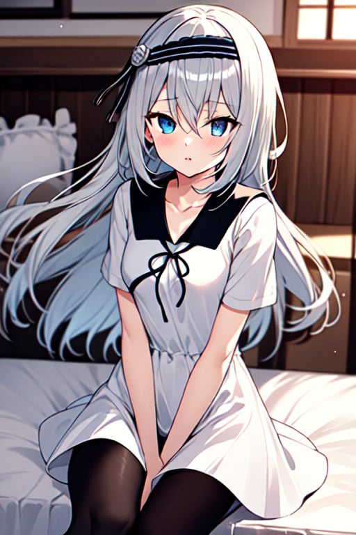 masterpiece,best quality, highres, kei1, 1girl, solo, blue eyes, long hair, white dress, short sleeves, ribbon, bangs, collarbone, grey hair, white skirt, hair ornament, black hairband, black pantyhose, neck ribbon, hair between eyes, medium breasts, sailor collar, bed, (wind:1.4), panties:1.3),shirogane_kei, sitting, crossed legs