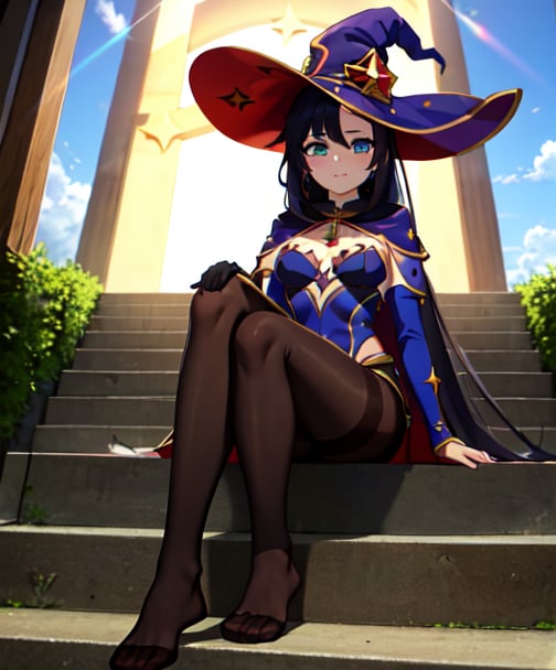 mona_tpa, 1girl, witch hat, stairs, shrine, lens flare, star_(symbol) pantyhose, day, aqua eyes, small breasts, cloudy sky, highly detailed, absurdres, masterpiece, highly detailed, absurdres, masterpiece,witch hat, black hair, sitting, foot, feet, looking from below, view from below, from below
