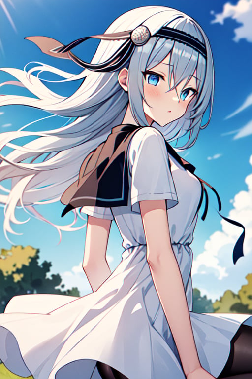 masterpiece,best quality, highres, kei1, 1girl, solo, blue eyes, long hair, white dress, short sleeves, ribbon, bangs, collarbone, grey hair, white skirt, hair ornament, black hairband, black pantyhose, neck ribbon, hair between eyes, medium breasts, sailor collar, , from behind, outdoors, (wind:1.4), panties:1.3),shirogane_kei, sitting, crossed legs