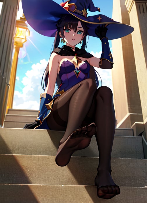 mona_tpa, 1girl, witch hat, stairs, shrine, lens flare, star_(symbol) pantyhose, day, aqua eyes, small breasts, cloudy sky, highly detailed, absurdres, masterpiece, highly detailed, absurdres, masterpiece,witch hat, black hair, sitting, foot, feet, looking from below, view from below, from below
