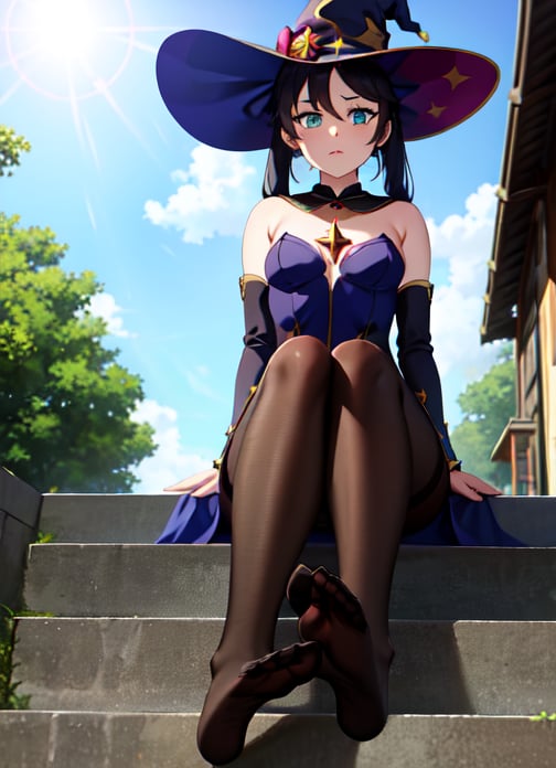 mona_tpa, 1girl, witch hat, stairs, shrine, lens flare, star_(symbol) pantyhose, day, aqua eyes, small breasts, cloudy sky, highly detailed, absurdres, masterpiece, highly detailed, absurdres, masterpiece,witch hat, black hair, sitting, foot, feet, looking from below, view from below, from below
