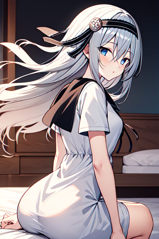 masterpiece,best quality, highres, kei1, 1girl, solo, blue eyes, long hair, white dress, short sleeves, ribbon, bangs, collarbone, grey hair, white skirt, hair ornament, black hairband, black pantyhose, neck ribbon, hair between eyes, medium breasts, sailor collar, , from behind, bed, (wind:1.4), panties:1.3),shirogane_kei, sitting, crossed legs