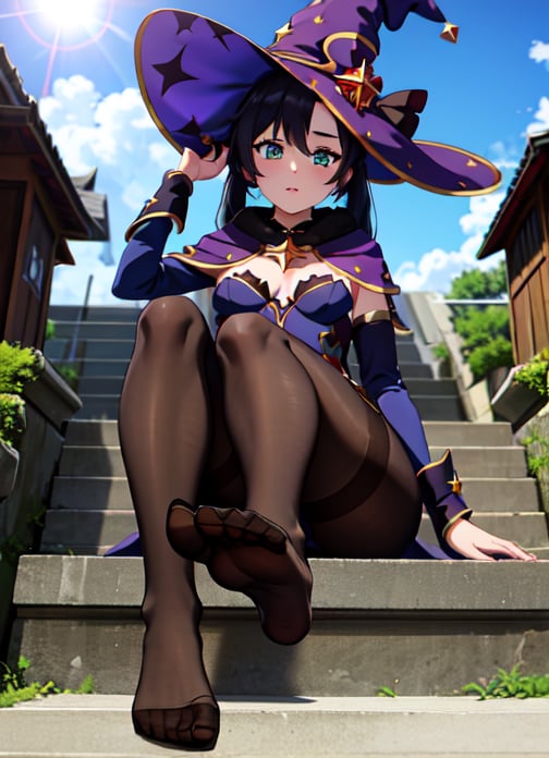 mona_tpa, 1girl, witch hat, stairs, shrine, lens flare, star_(symbol) pantyhose, day, aqua eyes, small breasts, cloudy sky, highly detailed, absurdres, masterpiece, highly detailed, absurdres, masterpiece,witch hat, black hair, sitting, foot, feet, looking from below, view from below, from below
