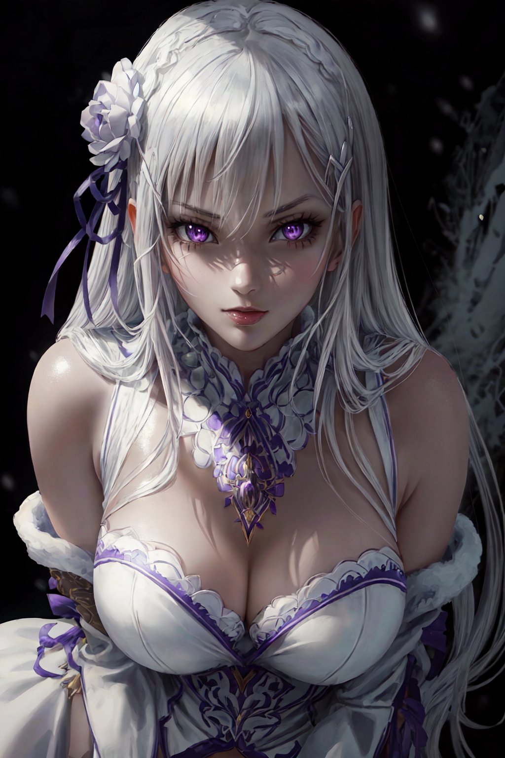  An attractive woman in the snow, with white hair and purple eyes, wearing a white coat. The woman strikes a provocative pose as she looks directly at the viewer. (8k high-resolution CG wallpaper), (masterpiece), (best quality), (ultra-detailed), (finest illustration), (exquisite shading), (extremely delicate and beautiful), intricate details, (glitter), beautiful and detailed eyes, waifu, anime, outstanding aesthetics, top-notch quality, masterpiece, exceptionally detailed, perfectly detailed face.