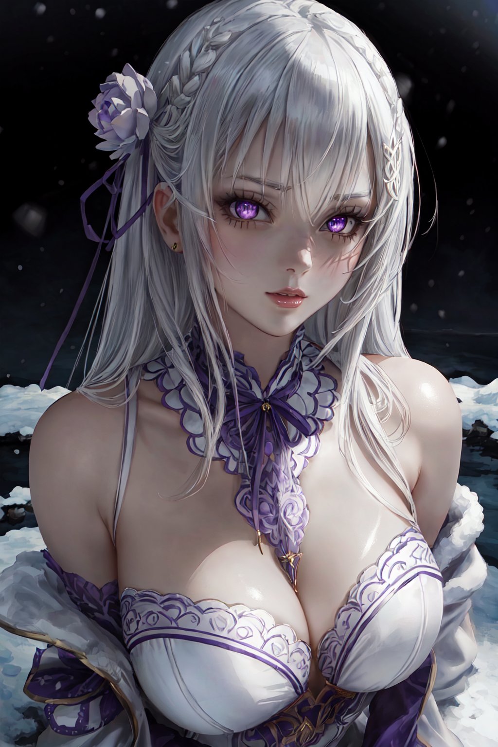  An attractive woman in the snow, with white hair and purple eyes, wearing a white coat. The woman strikes a provocative pose as she looks directly at the viewer. (8k high-resolution CG wallpaper), (masterpiece), (best quality), (ultra-detailed), (finest illustration), (exquisite shading), (extremely delicate and beautiful), intricate details, (glitter), beautiful and detailed eyes, waifu, anime, outstanding aesthetics, top-notch quality, masterpiece, exceptionally detailed, perfectly detailed face.