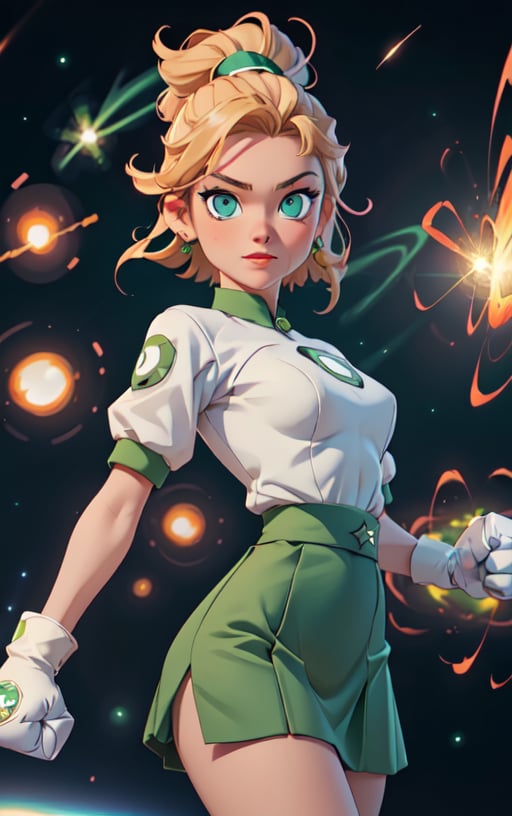 1girl, solo,extrem detailed face, extreme detailed eyes, green lantern, white bodysuit,((tight green skirt)), white gloves,,slim waist, (((girl))), medium breasts, ((pointing with the fist to view)), ((from the fist comes a green beam of energy)),blue eyes, (best quality, masterpiece), omnipotent goddess, universe, milky way, particles, black hole, transcendent being, short blondie hair, wind, spectral, playful, flying, floating, flirty,hero view:1.5, full shot:1.5,