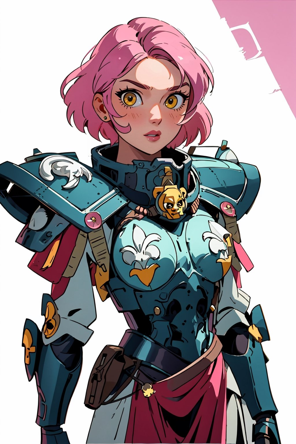 ((Masterpiece, best quality,)),1girl,edgAdepta, looking at viewer, lips, (short hair), (pink hair),(yellow eyes),wind background ,wearing edgAdepta,power armor,shoulder armor,skull emblem,EDGADEPTA,anime,1 girl,style,40kanime