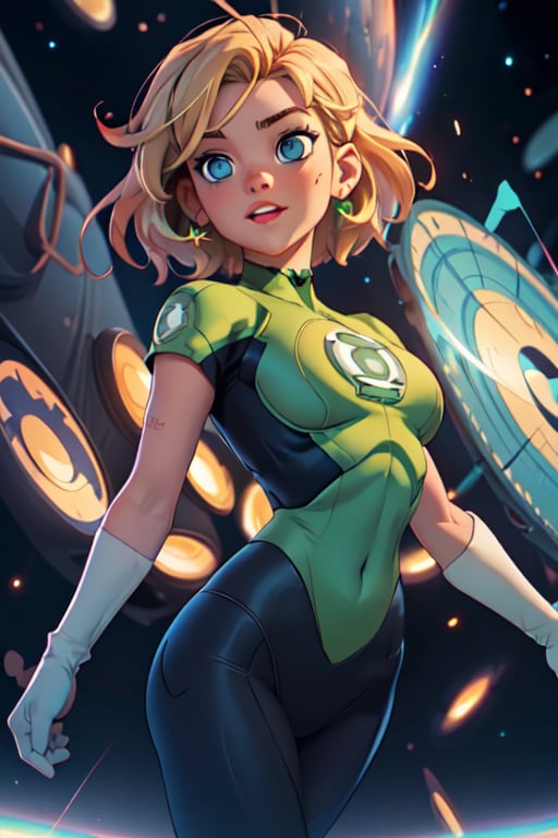 1girl, solo,extrem detailed face, extreme detailed eyes, green lantern, slim waist, (((girl))), medium breasts, blue eyes, (best quality, masterpiece), omnipotent goddess, universe, milky way, particles, black hole, transcendent being, short blondie hair, wind, spectral, playful, flying, floating, flirty