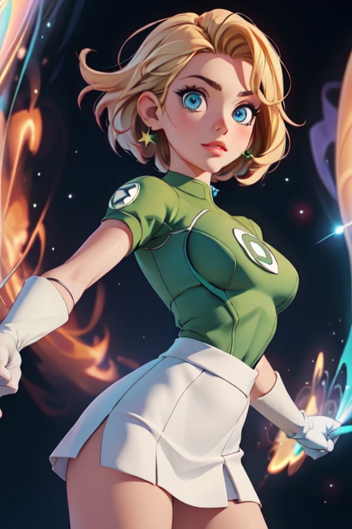 1girl, solo,extrem detailed face, extreme detailed eyes, green lantern, white bodysuit,tight green skirt, white gloves,,slim waist, (((girl))), medium breasts, blue eyes, (best quality, masterpiece), omnipotent goddess, universe, milky way, particles, black hole, transcendent being, short blondie hair, wind, spectral, playful, flying, floating, flirty