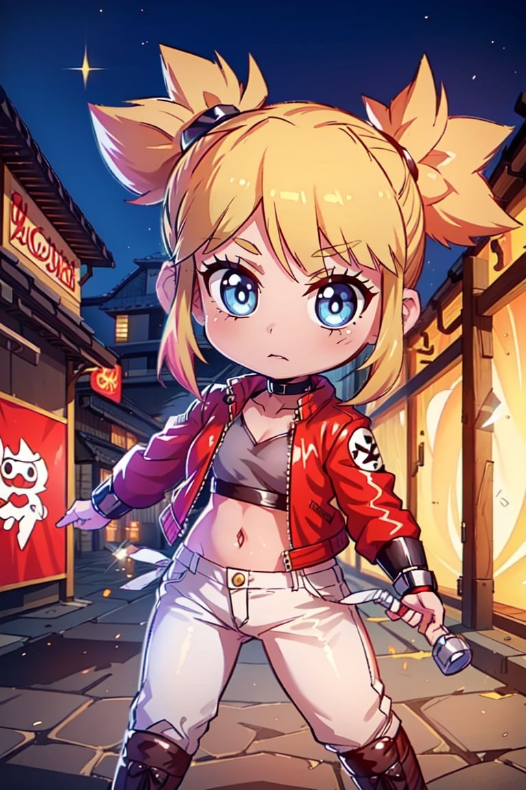 1 girl, blonde hair, two pigtails, blue eyes,red leather jacket, white t-shirt, jeans, black boots, solo, (medium_shot:1.4),(masterpiece:1.4(bestquality:1.4),extremely_beautiful_detailed_anime_face_and_eyes,an extremely delicate and beautiful,super_deformed,nas,ninja