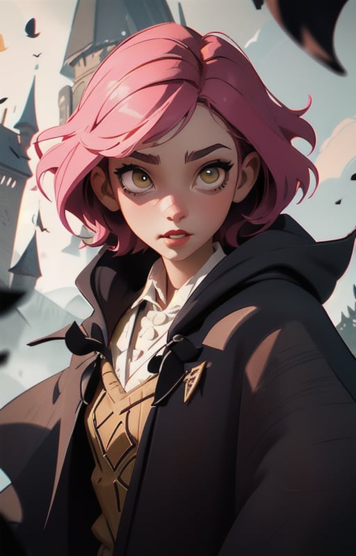 1girl, short pink hair,(hufflepuff House Cloak),( inner cloak yellow:1), (outer cloack black:1),yellow eyes, looking at viewer, solo, upper body,(masterpiece:1.4),(best quality:1.4),red lips,parted lips, exterior forest and mountains, castle,hogwarts castle:1,dramatic shadows,extremely_beautiful_detailed_anime_face_and_eyes,an extremely delicate and beautiful,dynamic angle, cinematic camera, dynamic pose,depth of field,chromatic aberration,anime