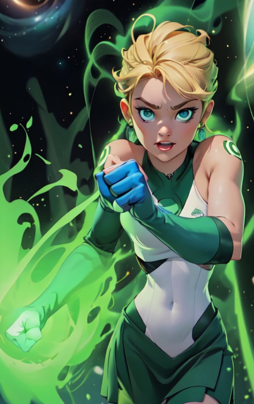 1girl, solo,extrem detailed face, extreme detailed eyes, green lantern, white bodysuit,tight green skirt, white gloves,,slim waist, (((girl))), medium breasts, pointing with the fist, from the fist comes a green beam of energy,blue eyes, (best quality, masterpiece), omnipotent goddess, universe, milky way, particles, black hole, transcendent being, short blondie hair, wind, spectral, playful, flying, floating, flirty